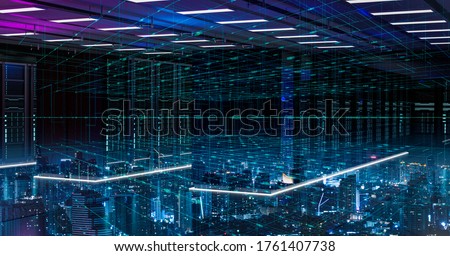 5G network digital hologram and internet of things on city background.Double exposure city of cloud server.5G network wireless systems,IoT(Internet of Things),Smart city,communication network concept.