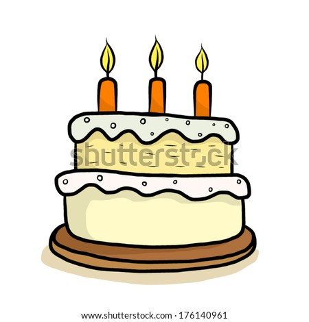 happy birthday cake with three candles / cartoon vector and illustration, isolated on white background.