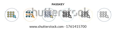 Passkey icon in filled, thin line, outline and stroke style. Vector illustration of two colored and black passkey vector icons designs can be used for mobile, ui, web