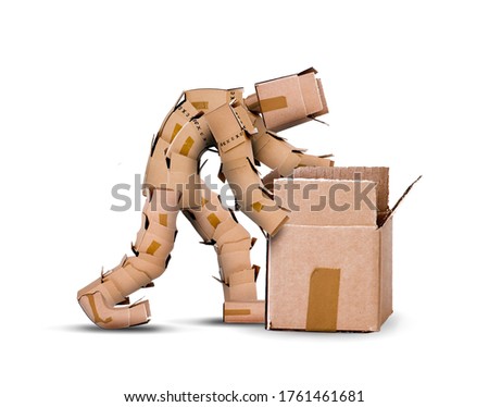 Think outside the box concept with box character looking inside an open cardboard container. Copyspace with white background