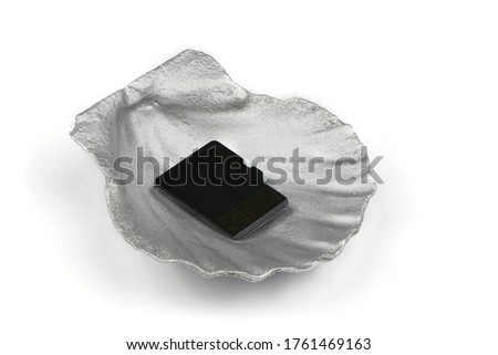 SD memory card on silver seashell isolated on white background. High resolution photo. Full depth of field.
