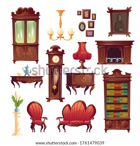 Victorian interior living room stuff, luxury royal tea service, fireplace, armchair and couch, grandfather clock, table lamp and chandelier, cupboard, picture and table, Cartoon vector illustration