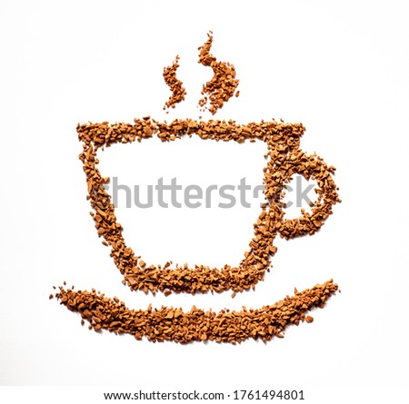 instant coffee, coffee cup on a white background from instant coffee granules, drawing. Morning breakfast concept, hot refreshing drink