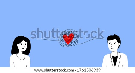 tangled thread with heart between man and woman. concept of hard relationship, complex trouble characters, confuse feelings friend, sad people, emotional burnout. simple sign on blue background Royalty-Free Stock Photo #1761506939
