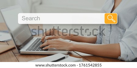 Online Search Concept. Unrecognizable Businesswoman At Laptop Browsing Internet Working Sitting In Modern Office. Panorama, Cropped, Collage