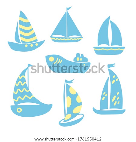 Hand drawn colorful boat and ship icons set isolated on white background. Sea travel cruise, boat and ship, yacht transport and sailboat .Vector flat illustration  of boats.  Design for logo, print