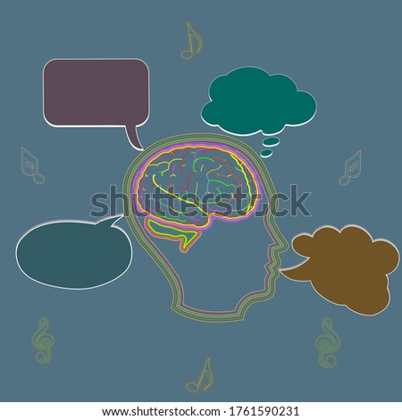 Human face and brain line art with 3d themed call outs and musical notes line art.