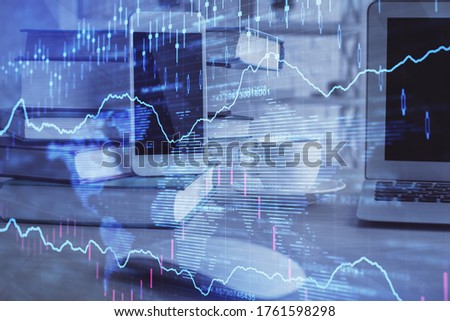 Double exposure of financial graph drawing and cell phone background. Concept of forex trading