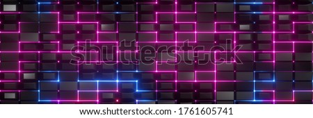 3d render, abstract futuristic black background with pink blue neon light, panoramic wallpaper