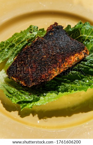 Cajun cuisine blackened salmon steak on marble kitchen table Royalty-Free Stock Photo #1761606200