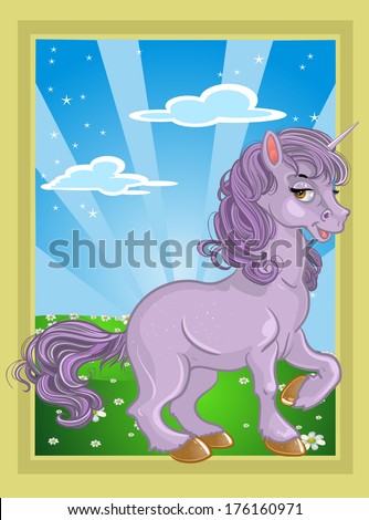 fabulous violet unicorn on the fairytale landscape