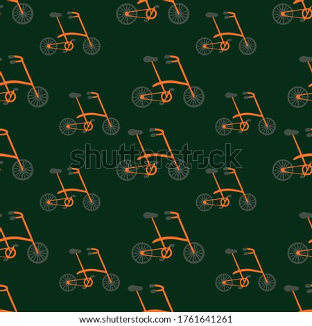 Simple hand drawn vector pattern. Orange ad green folding bicycles isolated on green background. Cute transport illustration. Road trip. Perfect for wallpaper or fabric.