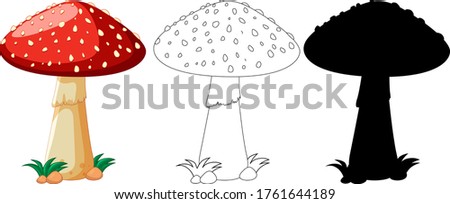 Red Mushroom in color and outline and silhouette in cartoon character on white background illustration