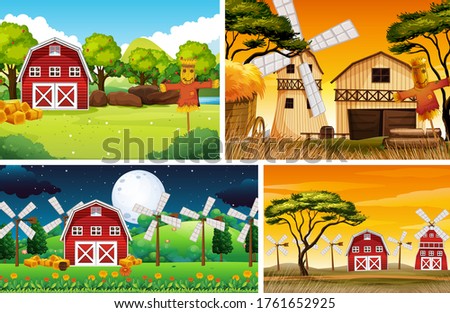 Set of different farm scenes cartoon style illustration