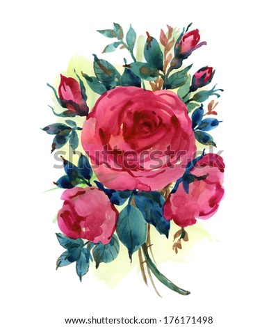 Watercolor bouquet of dark red roses 