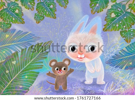 Two best friends little rabbit and rat strolling in the forest.Digital handmade illustration for greeting card,pattern,decoration,background,printing,books illustration,animal cartoon images,clip art.