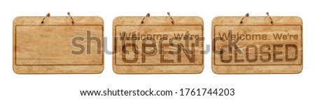 Collection of blank wooden sign, open and closed sign for hanging at house door or store isolated on white background.