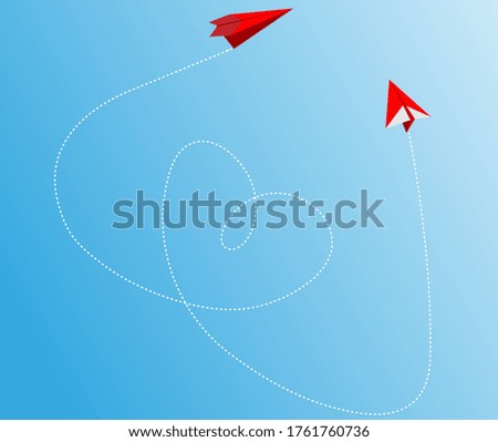 Origami paper plane. Dash heart in the sky. Love card. Vector illustration.

