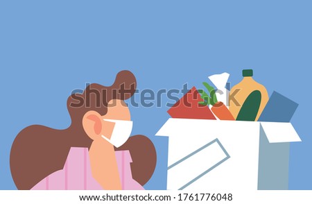 woman with mask and market to deliver vector illustration desing