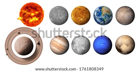 The solar system consists of the Sun, Mercury, Venus, Earth, Mars, Jupiter, Saturn, Uranut, Neptune, Pluto. isolated with clipping path on white background.Elements of this image furnished by NASA