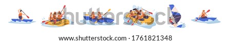 Set of people enjoy active water sports vector illustration. Collection of extreme man and woman rafting, kayaking, canoeing and sailing isolated. Diverse person in protective helmet and vest Royalty-Free Stock Photo #1761821348