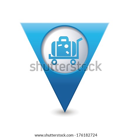 Blue triangular map pointer with suitcase on wheelbarrow icon. Vector illustration