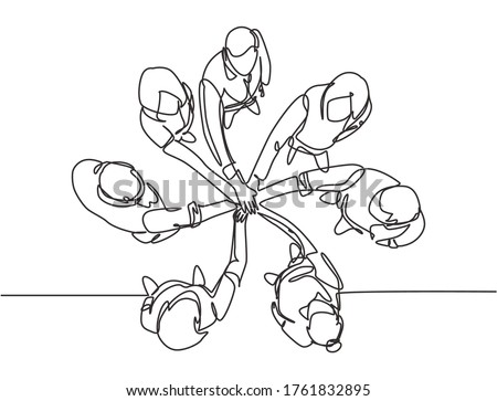 One single line drawing group of young happy business people unite their hands together to form a circle shape symbol, top view. Trendy teamwork concept continuous line draw design vector illustration Royalty-Free Stock Photo #1761832895