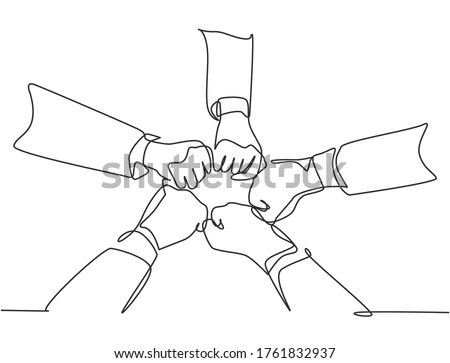 One continuous line drawing group of young male and female business people unite their hands together to form a five star shape. Unity teamwork concept single line draw design vector illustration