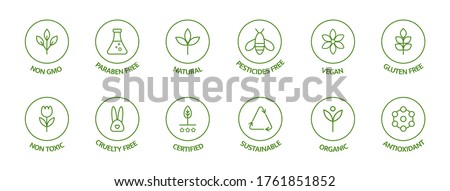 Organic cosmetic line icons set. Product free allergen labels. Natural products badges. GMO free emblems. Organic stickers. Healthy eating. Vegan, bio food. Vector illustration. Royalty-Free Stock Photo #1761851852