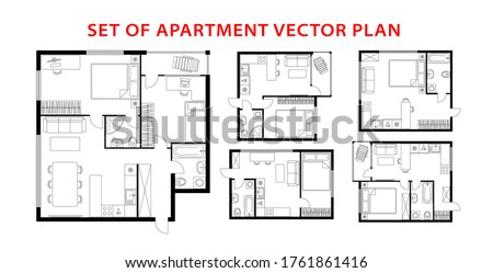 Architecture plan apartment set, studio, condominium, flat, house. One, two bedroom apartment. Interior design elements kitchen, bedroom, bathroom with furniture. Vector architecture plan. Top view. Royalty-Free Stock Photo #1761861416