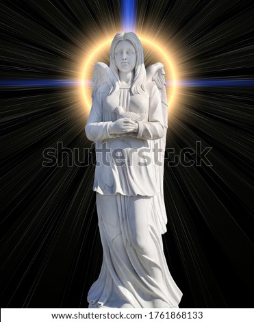 The cemetery monument in the form of an angel of white on a background of mystical light in the form of a cross