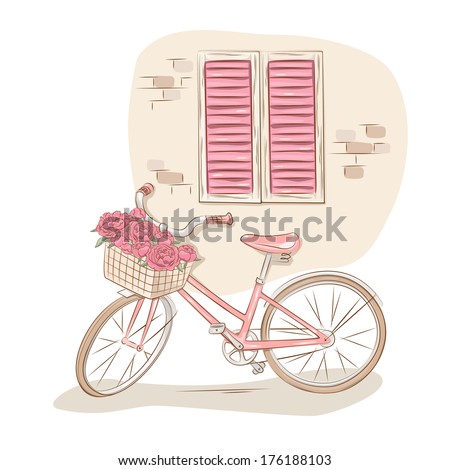 Old windows and bicycle with a basket of flowers . Vector illustration