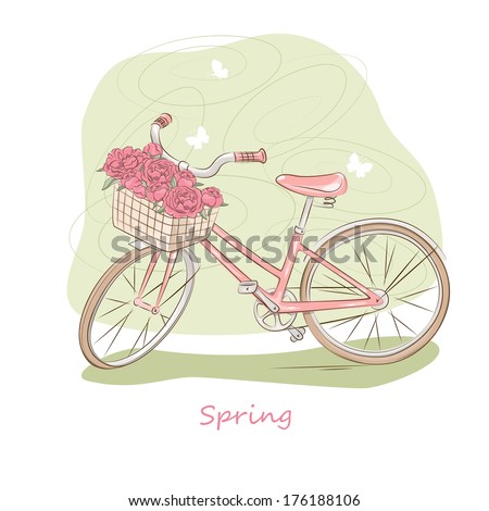 Bicycle with a basket of flowers and butterflies. Vector illustration