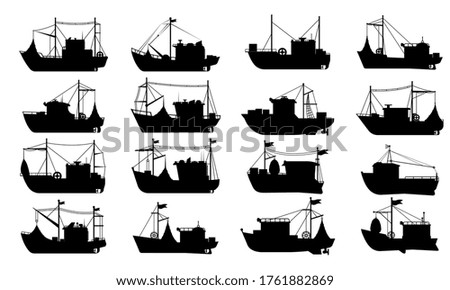 Fishing boat silhouette. Flat vector isolated fishing boat ship transport icon collection. Sea travel transportation yacht, trawler, seiner nautical vessel silhouettes