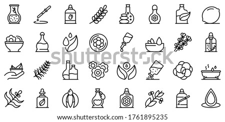 Essential oils icons set. Outline set of essential oils vector icons for web design isolated on white background Royalty-Free Stock Photo #1761895235