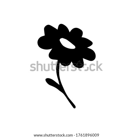 Hand-drawn simple vector drawing. Black daisy flower silhouette isolated on white background. Element of nature, plant.