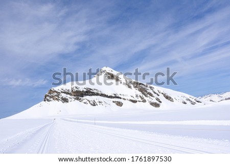 Picture of moutain covered with snow on long pathway at Glacier 3000 in Diablerets region, Switzerland