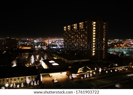 View from balcony of night skyline in Salt Lake City, Utah