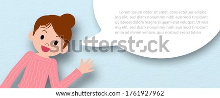 Closeup and crop cute woman in cartoon character with white wording balloon and shadow isolated on blue paper pattern background. 