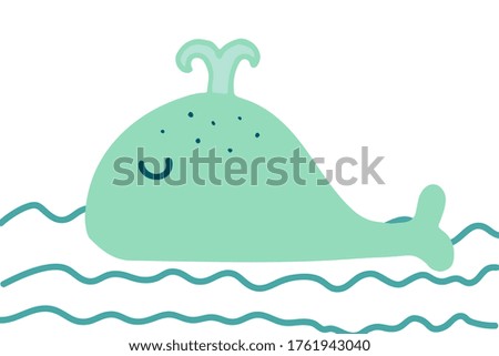 Hand drawing pretty colored green whale in the ocean. Vector illustration design for fashion fabrics, textile graphics, prints. Black stroke isolated on white.