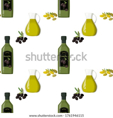 Glass jug with olive oil with black olives background. Seamless food pattern.