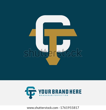 Initial letter T, C, TC or CT overlapping, interlock, monogram logo, gold and white color on blue tosca background