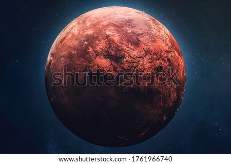 Red planet Mars in outer space. Terraforming of planet. Part of solar system. Elements of this image furnished by NASA. Royalty-Free Stock Photo #1761966740