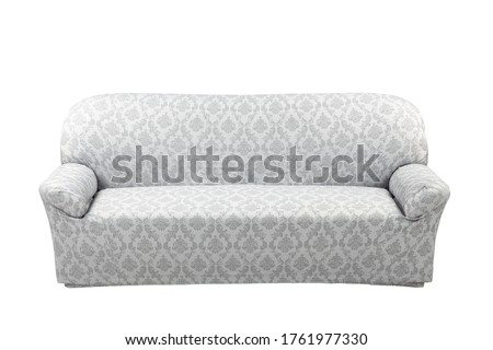 Triple blue sofa isolated on a white background. The cover on the furniture. Textured fabric with abstract patterns Royalty-Free Stock Photo #1761977330
