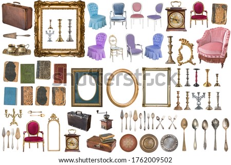 Superset of beautiful antique items, picture frames, furniture, silverware. Retro. Vintage. Isolated on white background.
