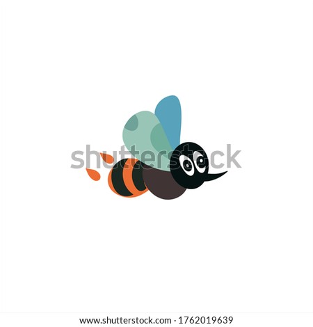 Flying bee with different color wings, big eyes and sting. Cartoon vector illustration Isolated on white background.