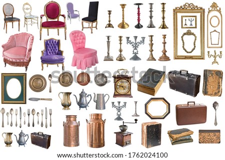 Superset of beautiful antique items, picture frames, furniture, silverware. Retro. Vintage. Isolated on white background.