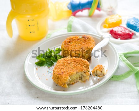 Fish and potato pancake or croquette. Shot for a story on homemade, organic, healthy baby foods. 