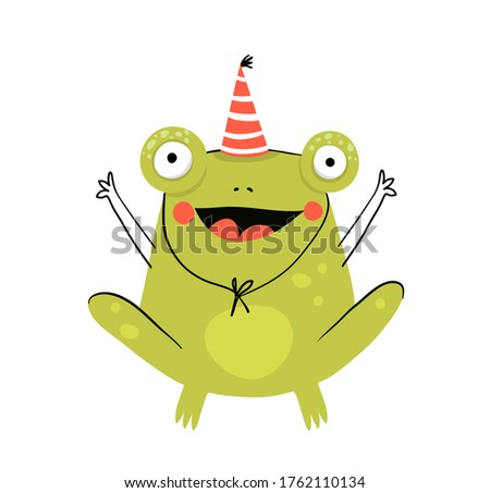 Funny cute amusing and silly frog wearing party hat, cute smiling happy animal for children. Happy Birthday card congratulating frog hand drawn doodle design. Vector kids cartoon illustration.