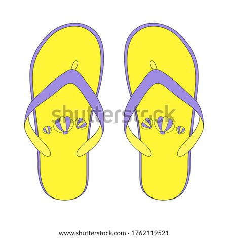 Yellow-purple slippers with a drawing of shells for everyday walks, for the pool, for going to the beach, for hot weather vector illustration
